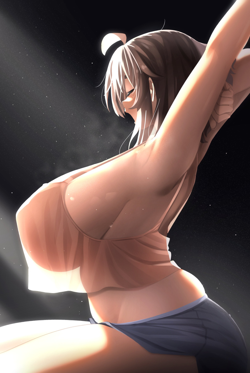 1girl absurdres ahoge arms_up back beige_tank_top black_background blue_shorts breasts brown_hair closed_eyes crop_top curvy from_side highres huge_breasts insomnia-chan kay_yu medium_hair open_mouth original see-through short_shorts shorts sideboob sitting stretch tank_top thighs