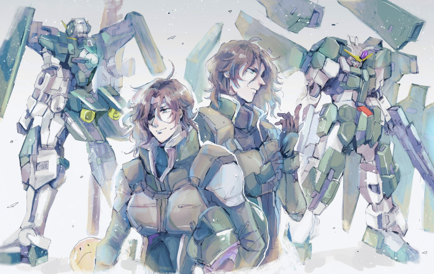 2boys bangs beam_rifle bodysuit brown_hair commentary energy_gun energy_weapon eyepatch from_behind funnels_(gundam) gn_drive green_bodysuit green_eyes gun gundam gundam_00 gundam_00_a_wakening_of_the_trailblazer gundam_dynames gundam_zabanya haro helmet highres holding holding_helmet holding_weapon kare_(0621utak) lockon_stratos lyle_dylandy mecha medium_hair mobile_suit multiple_boys neil_dylandy profile rifle science_fiction siblings simple_background sniper_rifle twins v-fin weapon