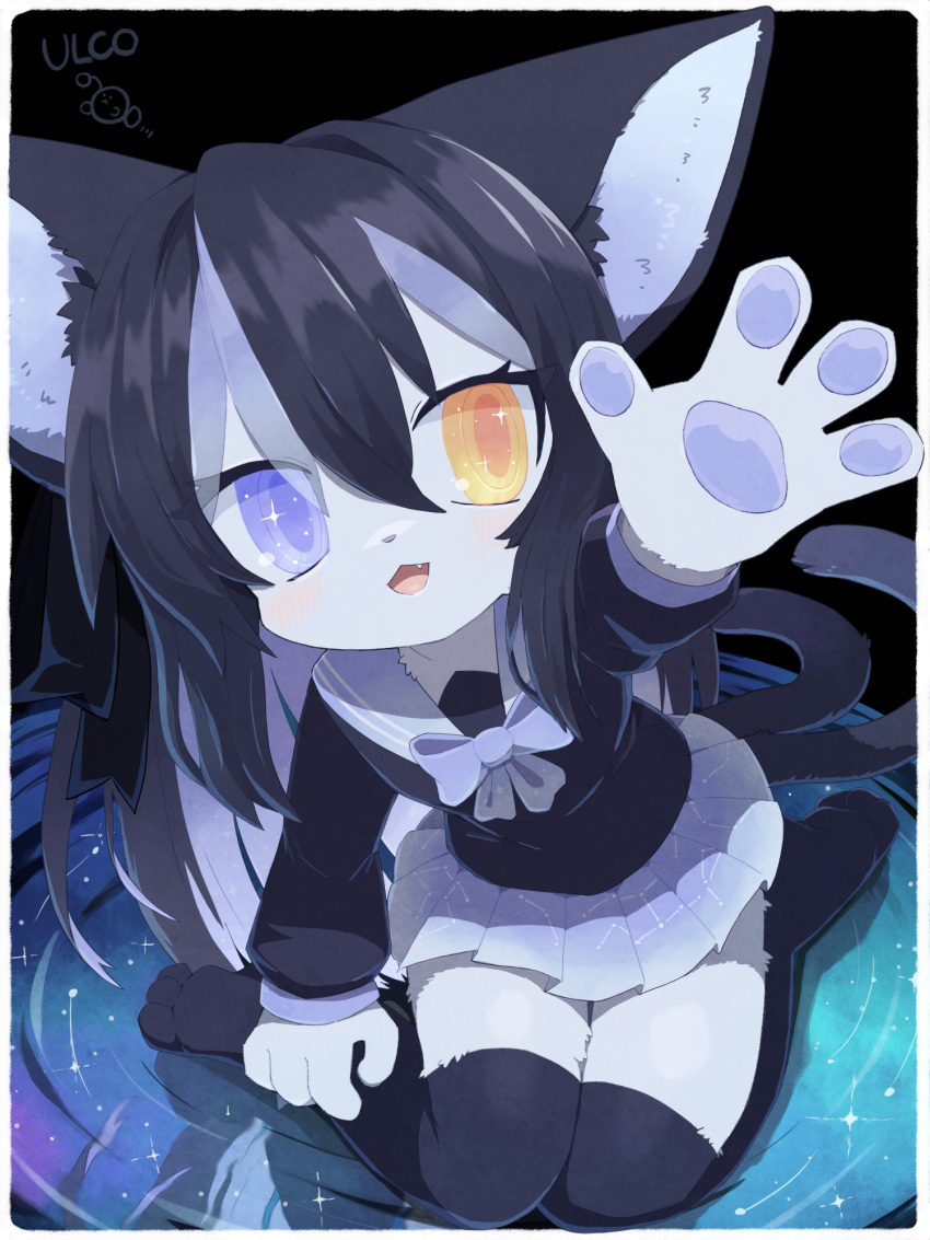2022 2_tails 3:4 3_toes 4_fingers anthro artist_name black_body black_fur black_hair blue_body blue_eyes blue_fur blush bottomwear clothed clothing cute_fangs daww domestic_cat feet felid feline felis female fingers fur hair happy heterochromia hi_res high-angle_view japanese_school_uniform kemono legwear long_hair looking_at_viewer mammal multi_tail open_mouth open_smile pawpads paws sign sitting skirt smile smiling_at_viewer solo tail_under_skirt text thigh_highs toe_outline toes tongue ullllcoelacanth wariza yellow_eyes young