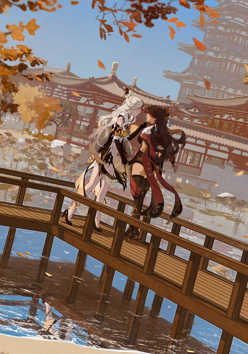 2girls absurdres architecture ass beidou_(genshin_impact) black_footwear blue_sky boots brown_hair china_dress chinese_clothes colored_eyepatch dress east_asian_architecture eyepatch falling_leaves fingerless_gloves genshin_impact gloves hair_ornament hair_stick hair_tassel hairpin high_heels highres holding_hands leaf lily_pad long_hair looking_at_another multiple_girls ningguang_(genshin_impact) one_eye_covered onlyou718 outdoors pier reflection scenery sky standing tassel thigh_boots thighhighs tree water white_hair wooden_floor yuri