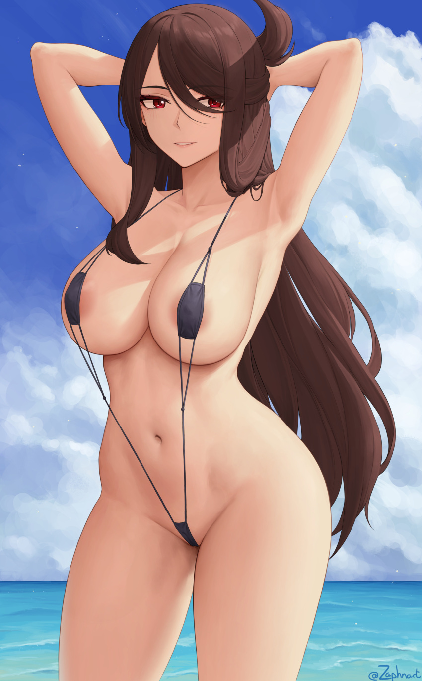 1girl absurdres areola_slip areolae arm_behind_head armpits arms_behind_head arms_up bangs bare_shoulders beach beidou_(genshin_impact) black_swimsuit blue_sky blush breasts brown_hair collarbone covered_nipples genshin_impact hair_over_one_eye half_updo highres large_breasts long_hair looking_at_viewer navel no_eyepatch ocean red_eyes sky slingshot_swimsuit smile solo swimsuit thighs zaphn