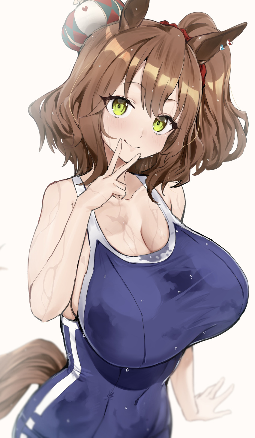 1girl absurdres animal_ears argyle arm_at_side aston_machan_(umamusume) bangs bare_shoulders blue_swimsuit blurry blush breasts brown_hair cleavage closed_mouth collarbone competition_school_swimsuit covered_navel crown depth_of_field earrings eyebrows_visible_through_hair green_eyes hair_between_eyes hair_ornament hair_scrunchie hand_up head_tilt heart heart_earrings heart_print highres horse_ears horse_girl horse_tail hotate-chan huge_breasts jewelry light_smile looking_at_viewer medium_hair mini_crown one-piece_swimsuit one_side_up red_scrunchie school_swimsuit scrunchie shiny shiny_hair sideboob simple_background single_vertical_stripe smile solo standing swimsuit tail tail_through_clothes taut_clothes tilted_headwear umamusume upper_body v wavy_hair wet wet_clothes wet_hair wet_swimsuit