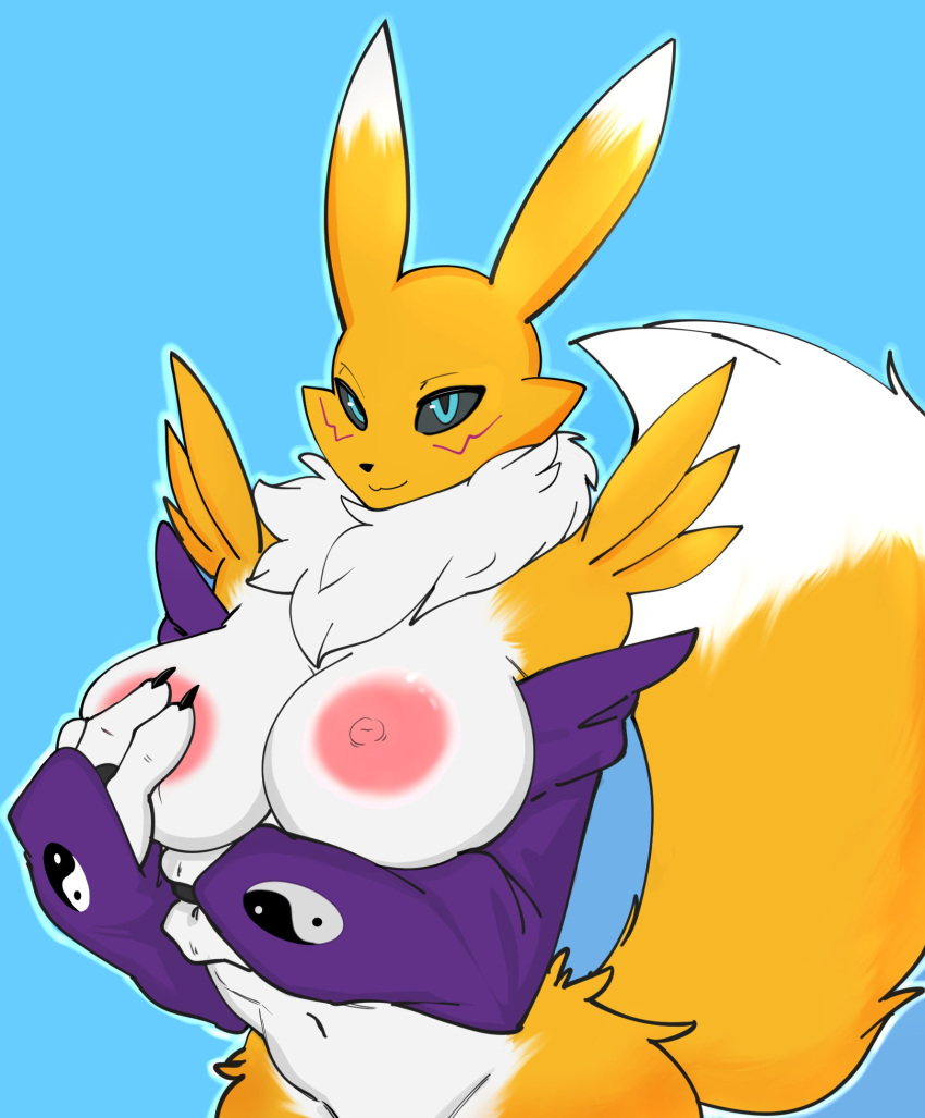 2021 3_fingers anthro areola armwear bandai_namco big_breasts black_nose black_sclera blue_background blue_eyes breasts bridal_gauntlets claws clothed clothing cyancoyote digimon digimon_(species) digital_media_(artwork) female fingers front_view fur hand_on_breast hi_res hip_tuft looking_at_viewer markings mostly_nude multicolored_body multicolored_fur navel neck_tuft nipples outline partially_clothed pink_areola pink_nipples purple_markings renamon simple_background smile solo tuft white_body white_fur yellow_body yellow_fur yin_yang
