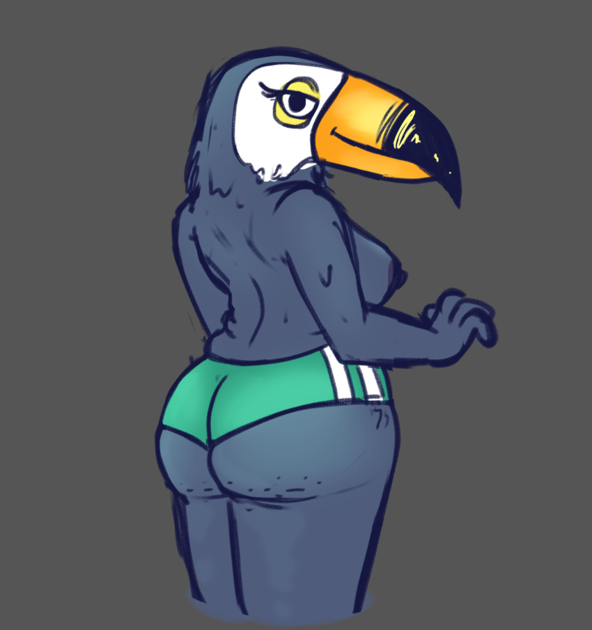 2022 anthro avian beak big_butt bird bottomwear breasts butt cellulite clothed clothing female flannelcat77 grey_background hi_res hotpants looking_at_viewer looking_back looking_back_at_viewer netflix nipples non-mammal_breasts non-mammal_nipples portrait shorts simple_background slightly_chubby smile solo three-quarter_portrait topless topless_anthro topless_female toucan tuca_(tuca_and_bertie) tuca_and_bertie