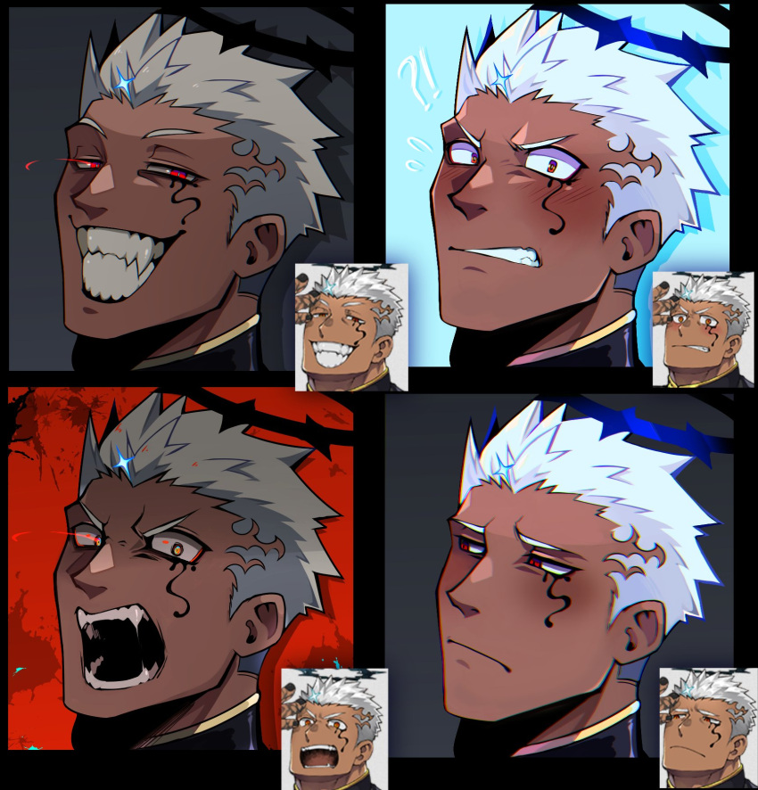 1boy angry blush close-up collared_jacket dark-skinned_male dark_skin expression_chart expressions face facial_tattoo fangs frown glowing glowing_eyes half-closed_eyes halo happy highres israfil_(housamo) lisuchi male_focus open_mouth raised_eyebrows red_eyes sad sideburns smile solo spiked_hair surprised tattoo tokyo_afterschool_summoners tusks white_hair