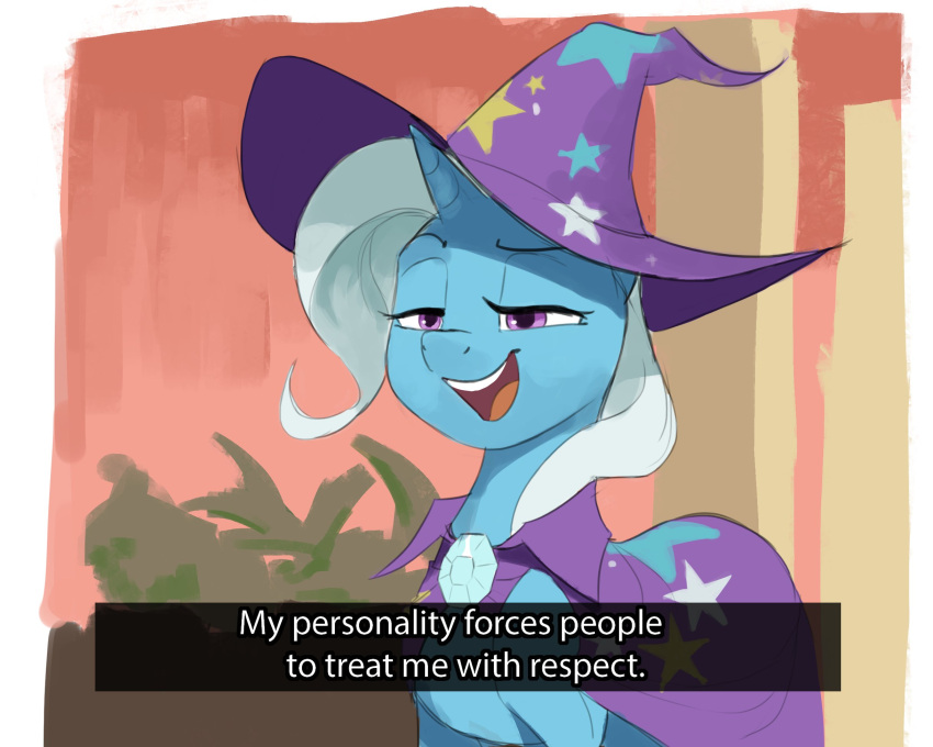 blue_body cadillacdynamite cape clothing dialogue english_text equid equine female feral friendship_is_magic gem half-closed_eyes hasbro hat headgear headwear hi_res horn mammal my_little_pony narrowed_eyes purple_eyes solo text trixie_(mlp) unicorn wizard_hat