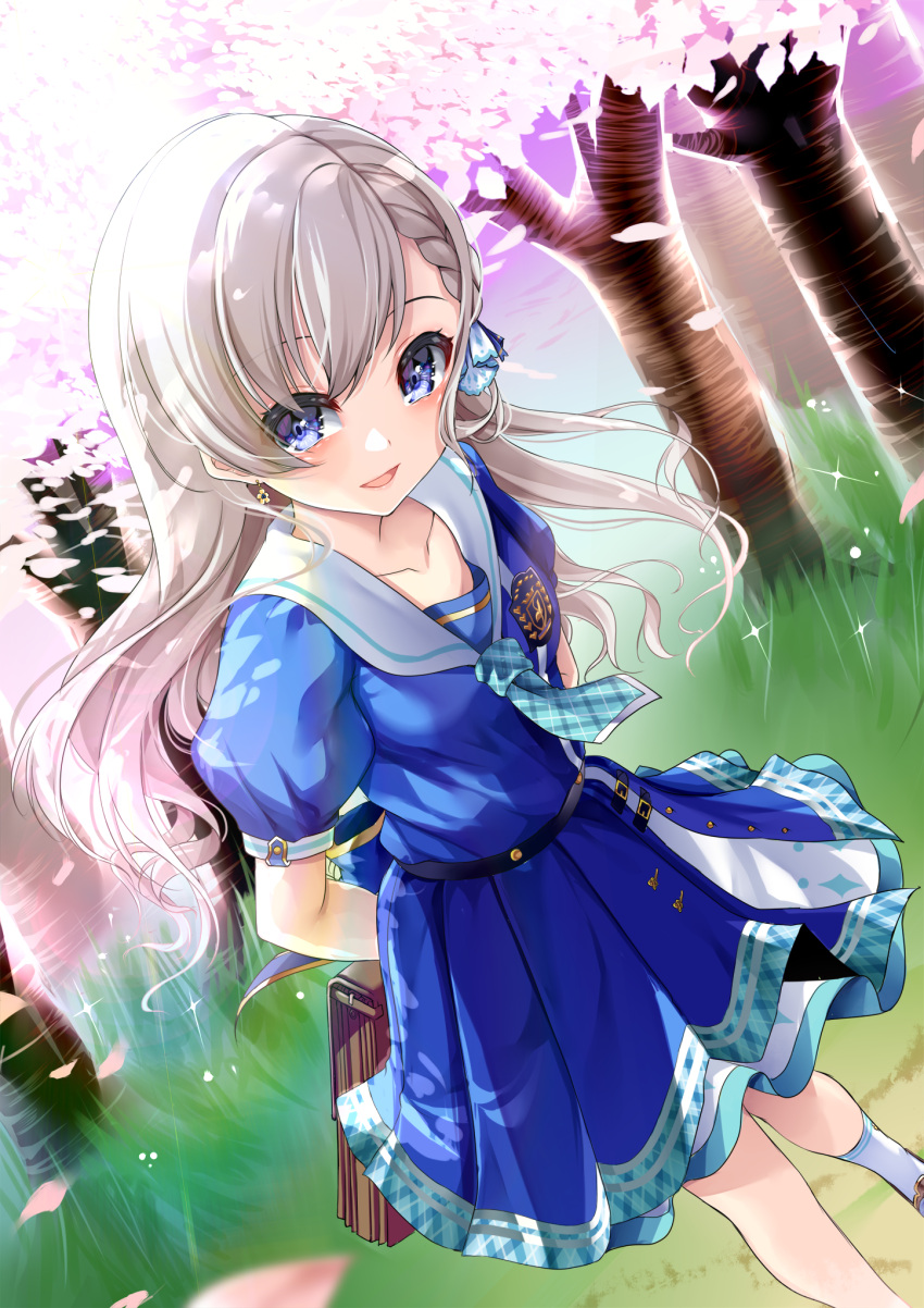 1girl :d arms_behind_back bag bangs blue_dress blue_eyes blush braid collarbone collared_shirt dress earrings floating_hair highres hisakawa_hayate holding holding_bag idolmaster idolmaster_cinderella_girls idolmaster_cinderella_girls_starlight_stage jewelry k_liss_s long_hair outdoors pleated_dress sailor_collar sailor_dress sailor_shirt shirt short_dress silver_hair single_braid smile solo spring_(season) standing very_long_hair white_legwear white_shirt