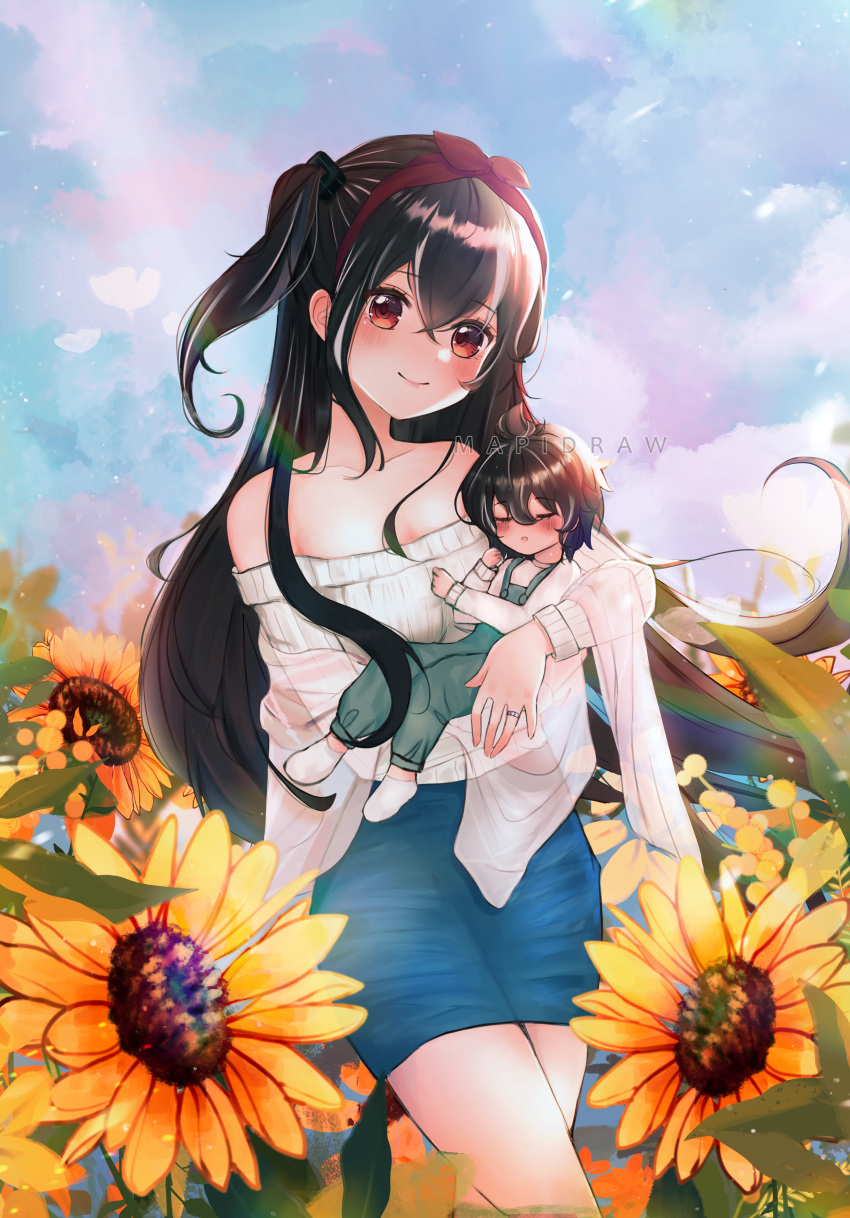 2girls absurdres artist_name azur_lane baby banned_artist bare_shoulders black_hair blue_skirt blush bow breasts brown_hair cloud collarbone flower hair_between_eyes hair_bow highres jewelry long_sleeves looking_at_viewer mapidraw medium_breasts multiple_girls off_shoulder overalls pencil_skirt red_eyes ring see-through shirt short_hair side_ponytail sidelocks size_difference skirt sky socks strapless strapless_shirt sunflower u-47_(azur_lane)