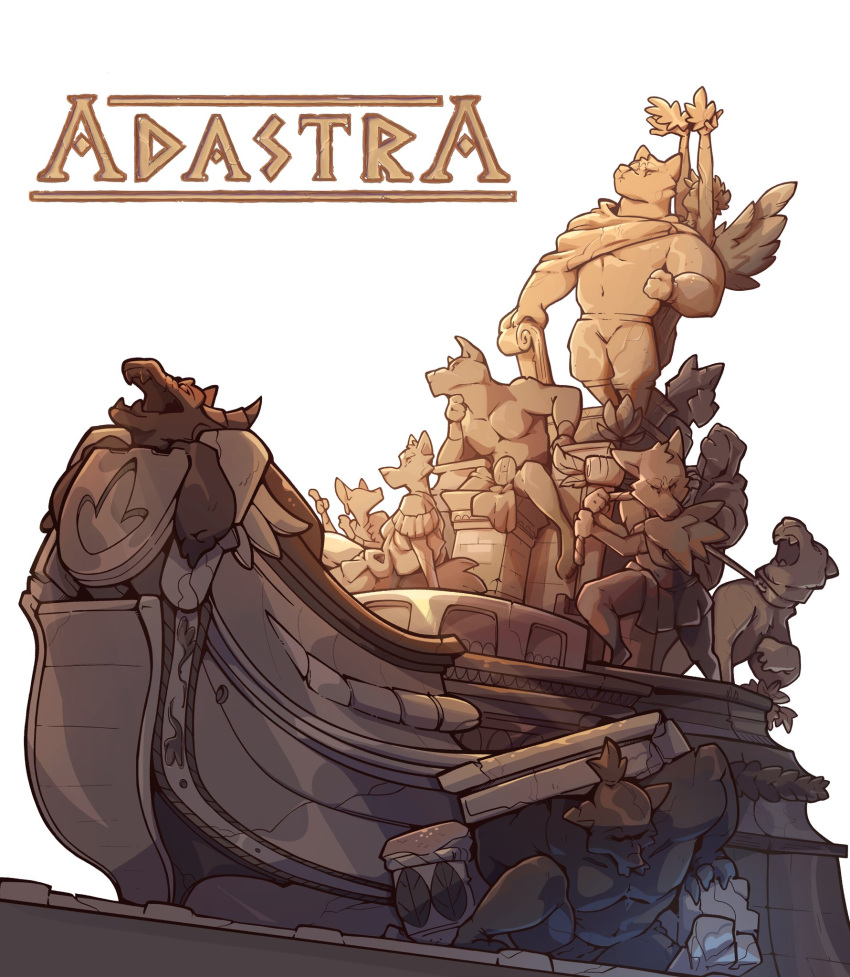 adastra adastra_(series) amicus_(adastra) anthro anubian_jackal bottomwear brooch canid canine canis cape cato_(adastra) clothing crowning dragon echo_project female group haps hi_res human humanoid interea jackal male mammal marco_(adastra) meera_(adastra) muscular muscular_male neferu_(adastra) pants promotional_art sculpture shawl ship top_knot vehicle video_games virginia_(adastra) visual_novel watercraft wolf wreath