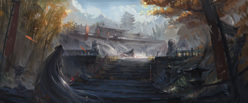 2girls absurdly_long_hair absurdres architecture bamboo bamboo_forest bandaze banner black_hair bow cloud commentary east_asian_architecture faceless facing_viewer falling_leaves floating_hair forest fujiwara_no_mokou hair_bow highres houraisan_kaguya komainu leaf long_hair looking_at_another multiple_girls nature outdoors pants pink_shirt railing red_pants red_skirt shirt skirt sky stairs stone_lantern touhou tower tree very_long_hair white_bow white_hair