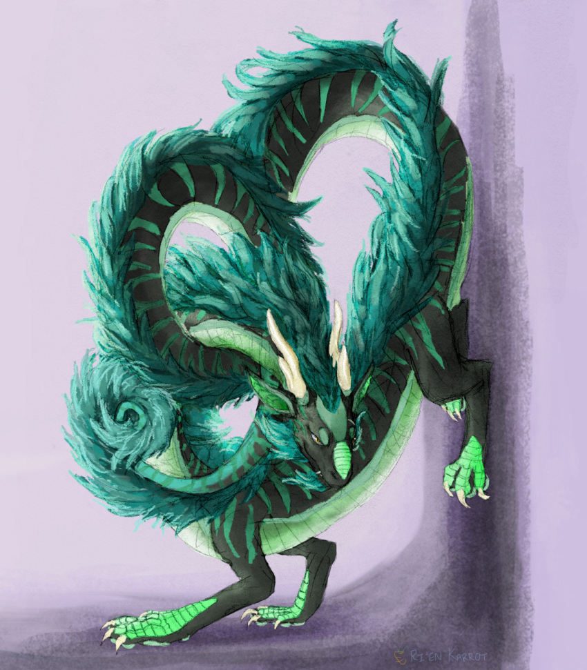 ambiguous_gender asian_mythology ass_up claws countershade_torso countershading digitigrade dragon east_asian_mythology eastern_dragon fangs feral finger_claws fur furred_dragon green_body green_countershading green_fur green_pawpads green_scales hi_res long_neck long_tail long_torso mythology pawpads purple_background quadruped rienkarrot scales scalie shaded shadow signature simple_background solo toe_claws yellow_eyes