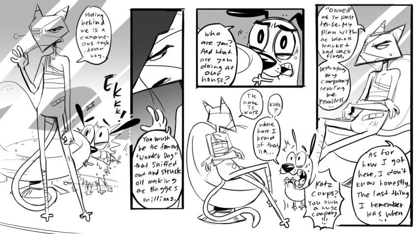 alternate_universe annoyed annoyed_expression anthro band-aid bandage bandage_on_face bodily_fluids c2ndy2c1d canid canine canis cartoon_network chair clenched_teeth comic courage_the_cowardly_dog courage_the_cowardly_dog_(character) crossed_arms crossed_legs domestic_cat domestic_dog duo english_text eye_contact eyebrows felid feline felis fist furniture hiding inside interspecies junkmixart katz_(courage_the_cowardly_dog) looking_at_another looking_down looking_up male male/male mammal nervous nervous_sweat scared shocked shocked_expression shocked_face sitting size_difference standing surprise surprised_expression surprised_face surprised_look sweat sweatdrop teeth text thick_eyebrows window wounded