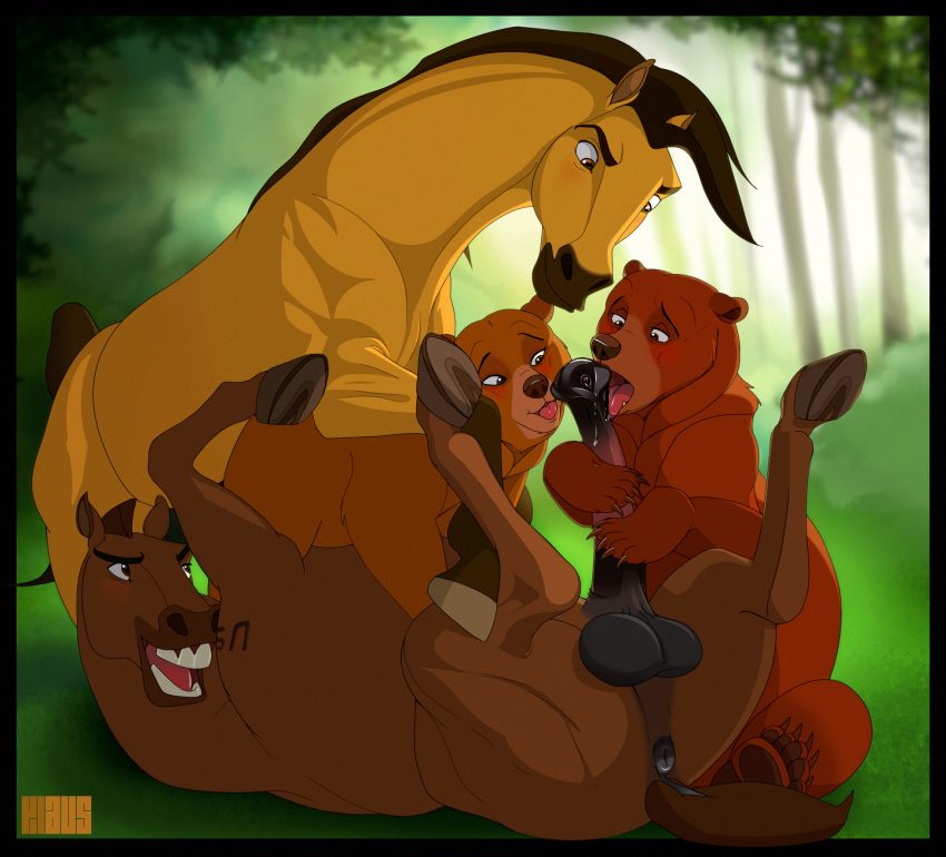 animal_genitalia animal_penis anus balls bisexual blush brother_bear brown_body brown_fur crossover dreamworks equid equine equine_penis erection fellatio female feral feral_on_feral foursome fur genitals group group_sex hi_res hooves horse interspecies kenai klaus_doberman licking lying male male/female male/male mammal nita_(brother_bear) on_back open_mouth oral penile penis penis_lick sex spirit:_stallion_of_the_cimarron spirit_(cimarron) teeth tongue tongue_out ursid