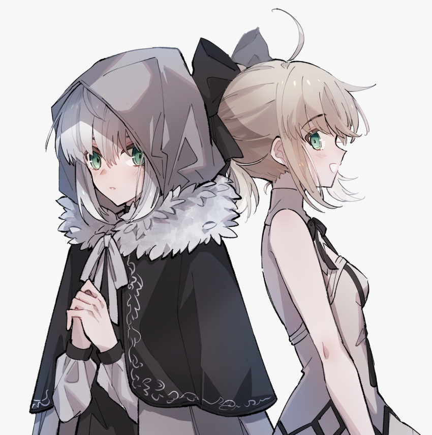 2girls :d ahoge artoria_pendragon_(fate) bangs black_bow black_cape black_ribbon blonde_hair bow breasts cape fate/unlimited_codes fate_(series) gray_(fate) green_eyes grey_hoodie hair_between_eyes hair_bow highres hood hood_up hooded hoodie long_hair lord_el-melloi_ii_case_files multiple_girls nayu_tundora neck_ribbon open_mouth own_hands_clasped own_hands_together parted_lips ponytail ribbon saber_lily shiny shiny_hair silver_hair simple_background sleeveless small_breasts smile upper_body white_background