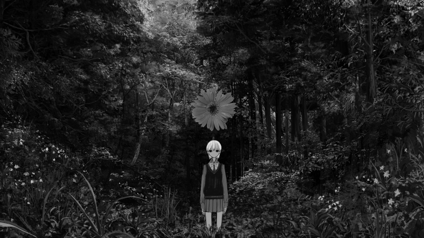 1girl absurdres bangs bow bowtie flower forest grass hair_between_eyes highres long_sleeves narue nature no_mouth original outdoors pleated_skirt short_hair skirt solo standing sweater_vest symbol-only_commentary tree