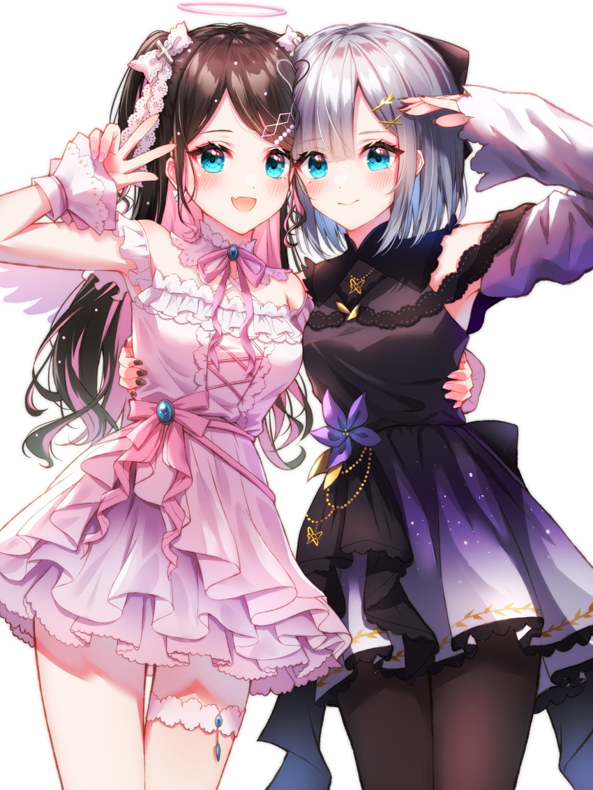 2girls :d absurdres bangs black_dress black_legwear black_nails blue_eyes brown_hair closed_mouth detached_sleeves dress fang gradient_dress hair_ornament highres kaga_nazuna kaga_sumire layered_dress long_hair long_sleeves looking_at_viewer medium_hair multicolored_hair multiple_girls nail_polish open_mouth pantyhose parted_bangs pink_hair shiny shiny_hair short_dress silver_hair skin_fang sleeveless sleeveless_dress smile thigh_gap thigh_strap toki_(toki_ship8) two-tone_hair very_long_hair virtual_youtuber vspo! w white_dress x_hair_ornament