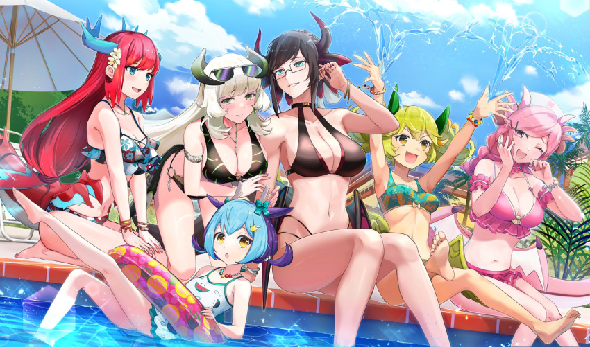 6+girls :d :o ;d alternate_costume aqua_bow arm_strap armlet arms_up bangs bare_shoulders barefoot beach_chair beach_umbrella between_breasts bikini bikini_skirt black_bikini black_hair black_horns black_wings blue_eyes blue_hair blue_horns blue_sky blush bow bracelet braid breasts chamber_dragonmaid cleavage closed_mouth cloud collarbone commentary_request crown_braid day dragon_girl dragon_horns dragon_tail dragon_wings duel_monster ear_bow eyebrows_visible_through_hair eyewear_on_head facial_mark fang flat_chest floral_print flower food_print frilled_bikini frills glasses green_bikini green_hair green_horns green_tail green_wings groin group_picture hair_between_eyes hair_flower hair_ornament hair_ribbon hairclip hand_up hands_on_own_thighs hat highres holding_another's_arm horns house_dragonmaid hsin innertube jewelry kitchen_dragonmaid kneeling large_breasts laundry_dragonmaid leg_up long_hair looking_at_viewer low-tied_long_hair low_twintails medium_breasts midriff multicolored_hair multiple_girls navel necklace nurse_cap nurse_dragonmaid o-ring o-ring_bikini one-piece_swimsuit one_eye_closed open_mouth outdoors parlor_dragonmaid pink_bikini pink_hair pink_horns poolside red_hair red_nails ribbon ring scrunchie second-party_source seiza shadow sidelocks sitting sky smile soaking_feet splashing star_(symbol) star_hair_ornament sunglasses swept_bangs swimsuit tail teeth twin_braids twintails umbrella upper_teeth water watermelon_print white_hair white_headwear white_ribbon white_swimsuit wings wrist_scrunchie yellow_eyes yellow_horns yu-gi-oh!