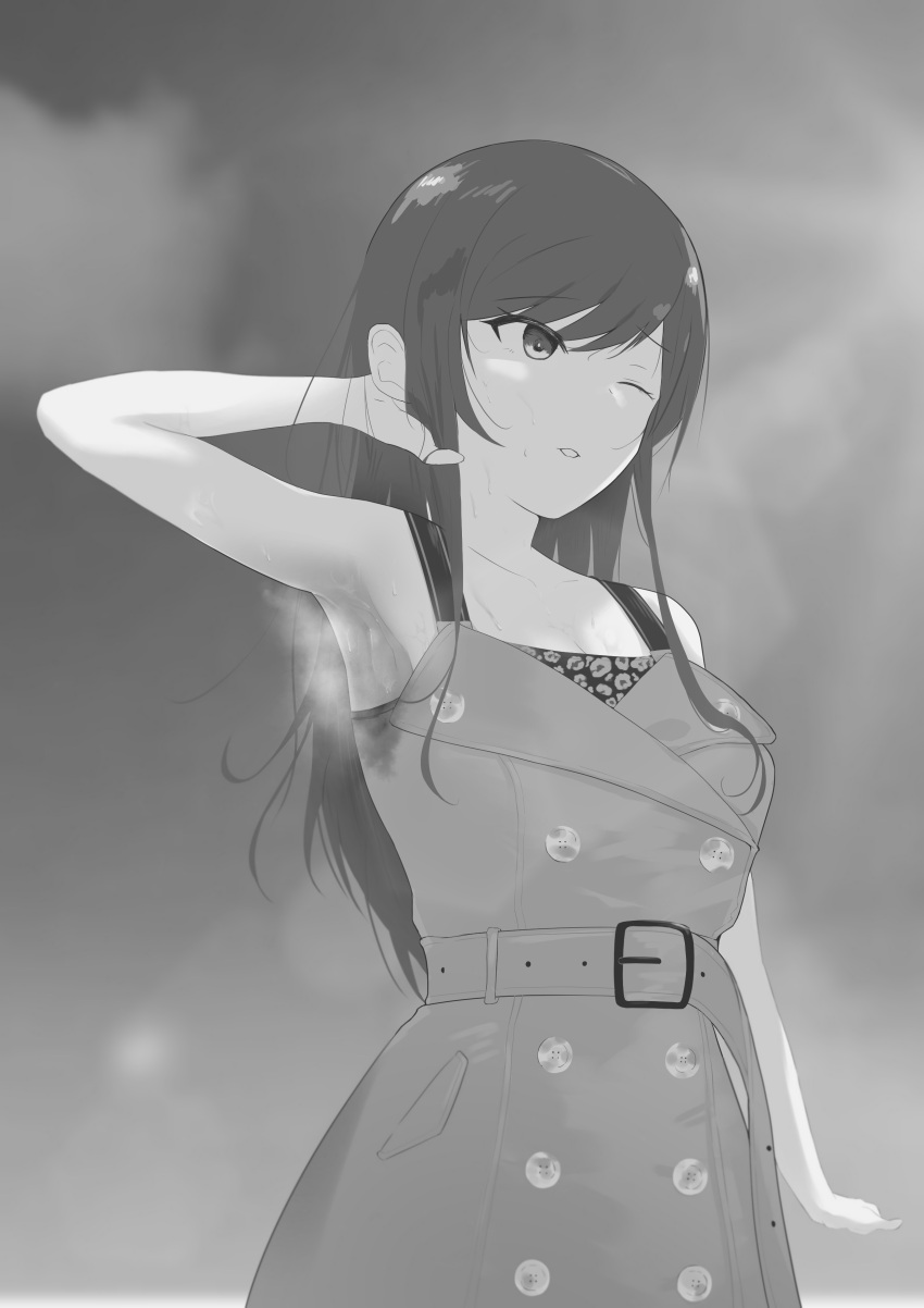 1girl absurdres arm_up armpits bangs belt buttons clenched_hand cloud dress eyebrows_visible_through_hair greyscale hand_in_own_hair highres idolmaster idolmaster_shiny_colors looking_away maruyama_yama monochrome one_eye_closed oosaki_amana parted_lips sky sleeveless steam sunlight sweat sweaty_clothes