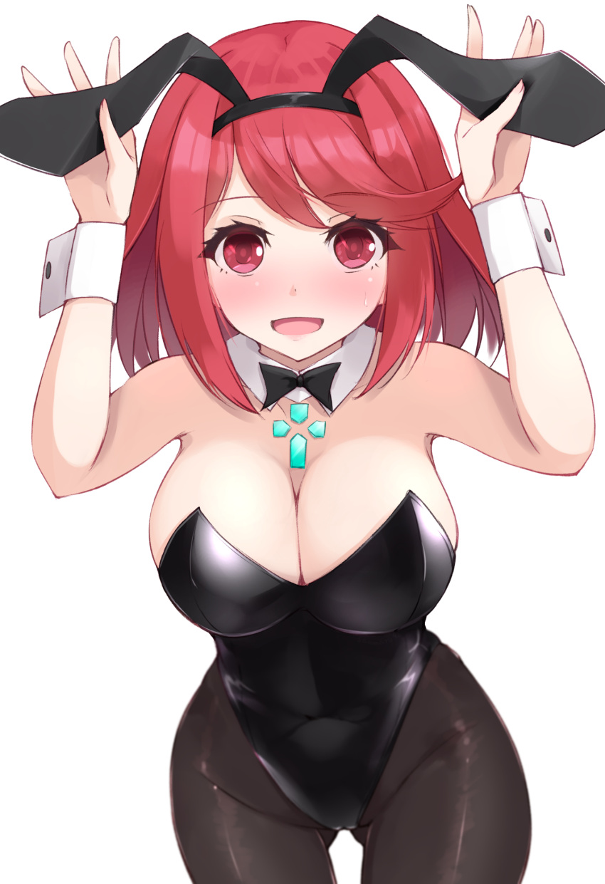 1girl animal_ears arms_up bangs black_bow black_bowtie black_legwear black_leotard blush bow bowtie breasts chest_jewel cleavage covered_navel cowboy_shot detached_collar eyebrows_visible_through_hair fake_animal_ears highres kuro_(be_ok) large_breasts leotard looking_at_viewer pantyhose pyra_(xenoblade) rabbit_ears red_eyes red_hair short_hair solo swept_bangs white_background wrist_cuffs xenoblade_chronicles_(series) xenoblade_chronicles_2