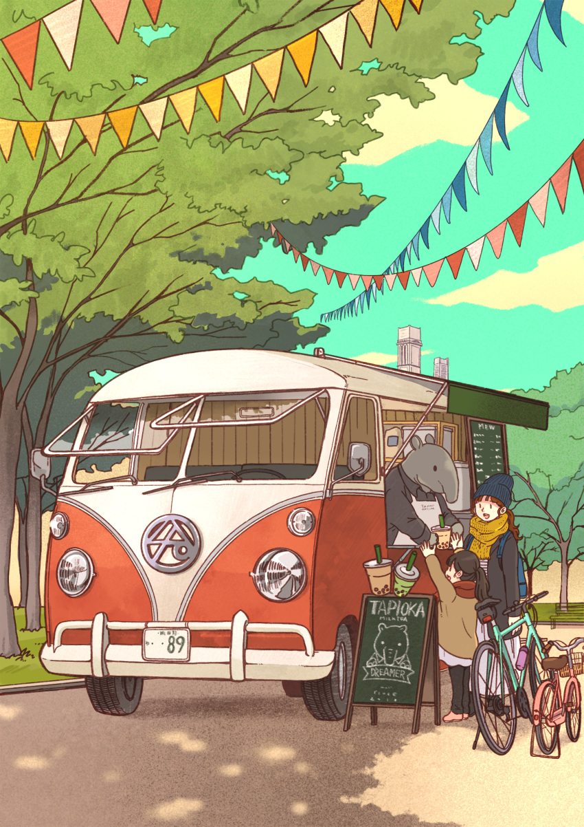 1girl 1other 2girls animal animal_ears anteater apron autumn basket bench bicycle black_hair blue_sky bottle brown_hair bubble_tea child cloud cloudy_sky coat commentary_request cup day disposable_cup drink drinking_straw fantasy flyers food food_truck fujihara giving grass ground_vehicle hat headlight highres holding holding_cup holding_drink holding_food license_plate long_hair long_sleeves menu mother_and_daughter multiple_girls open_mouth original outdoors park park_bench reaching_out rear-view_mirror scarf shadow sky tapir tire tree volkswagen water_bottle