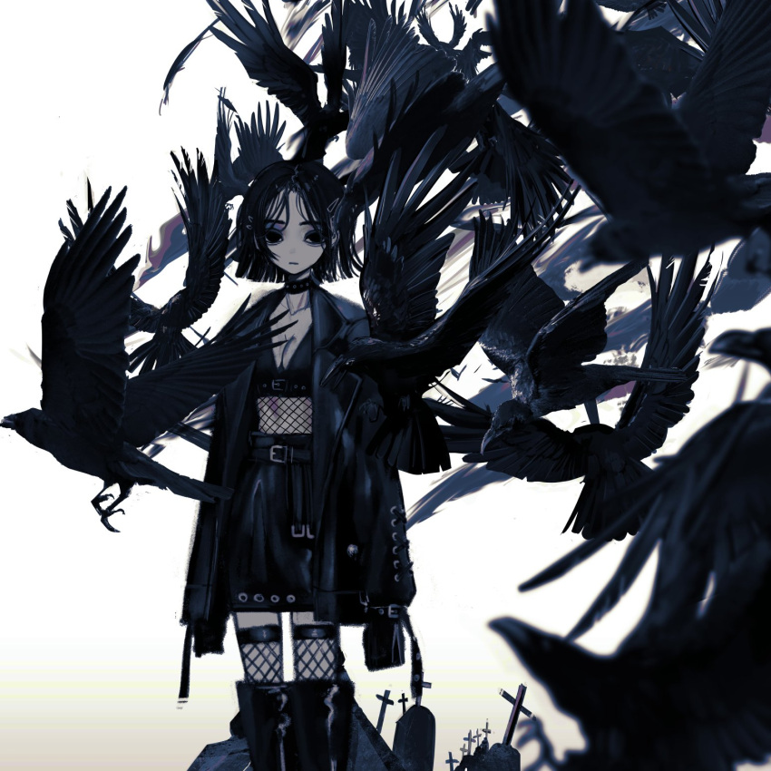 1girl bangs bird boots breasts choker cleavage closed_mouth coat cross feathers fishnet_legwear fishnets greyscale hair_ornament hairclip highres long_sleeves looking_at_viewer makeup medium_breasts monochrome narue open_clothes open_coat original short_hair skirt spot_color symbol-only_commentary thigh_boots thighhighs tombstone