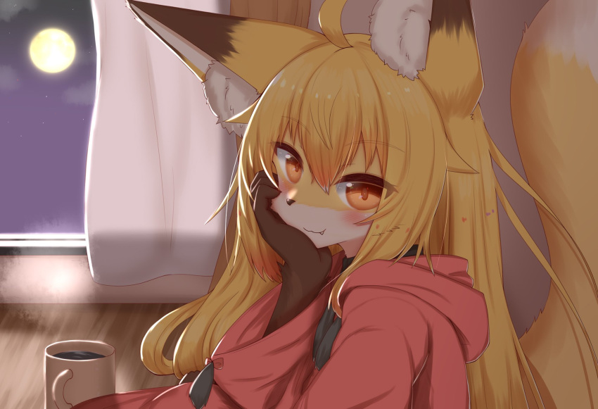 2022 ahoge anthro beverage blonde_hair blush brown_body brown_fur brown_nose canid canine clothed clothing cloud coffee coffee_mug container cup curtains cute_fangs dipstick_ears dipstick_tail female fluffy fluffy_tail fox fur hair hand_on_face hi_res hoodie horokusa0519 inner_ear_fluff inside kemono korai_(horokusa) long_hair looking_at_viewer mammal markings moon multicolored_body multicolored_ears multicolored_fur multicolored_tail night orange_eyes sky solo steam tail_markings topwear translated_description tuft white_body white_fur window yellow_body yellow_fur