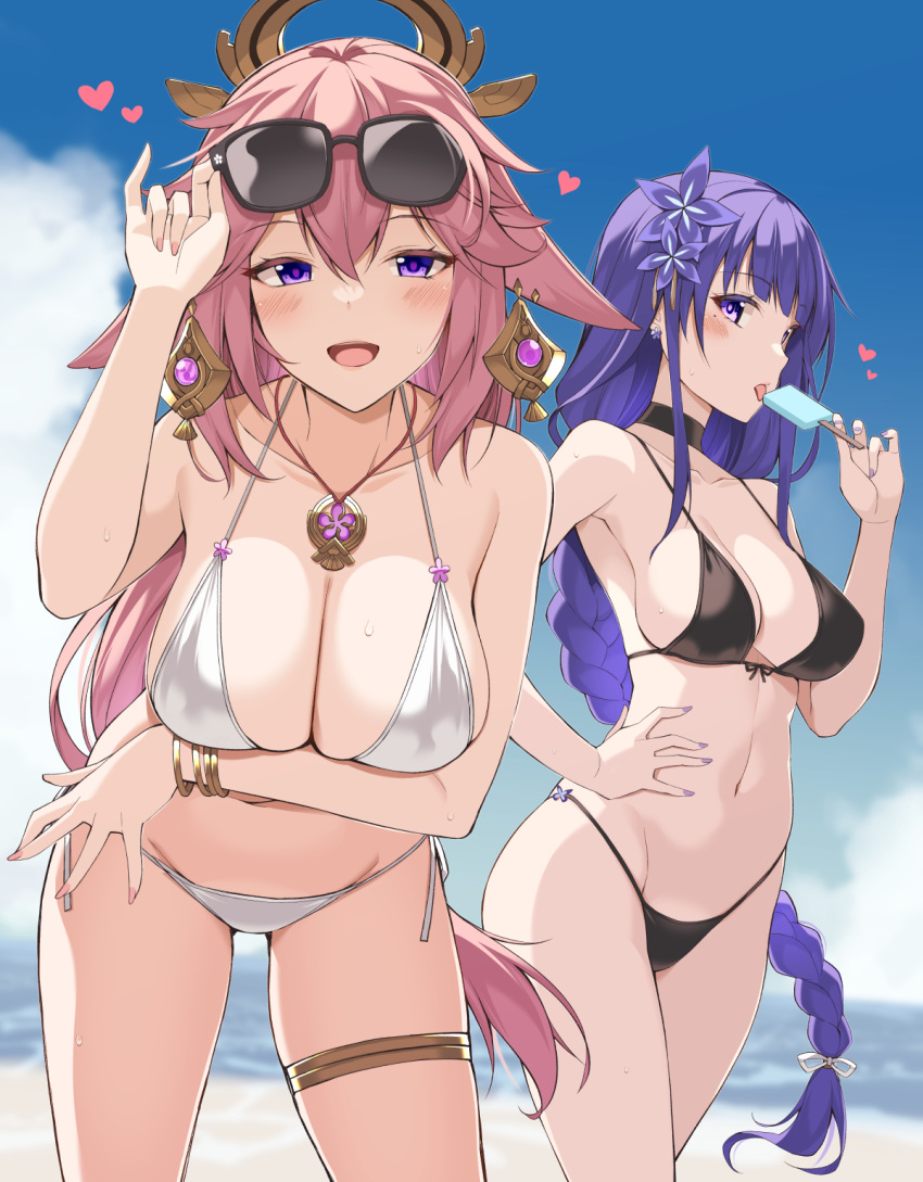 2girls beach bikini black_bikini blue_sky blurry blurry_background blush bracelet braid braided_ponytail breasts cloud commentary_request day eyebrows_visible_through_hair eyewear_on_head fingernails flower food genshin_impact hair_flower hair_ornament hand_on_hip heart highres jewelry large_breasts leg_garter licking long_hair looking_at_viewer multiple_girls navel necklace ocean ohta_yuichi open_mouth pink_hair pink_nails popsicle purple_eyes purple_hair raiden_shogun side-tie_bikini sky smile standing sunglasses swimsuit tongue tongue_out very_long_hair white_bikini yae_miko