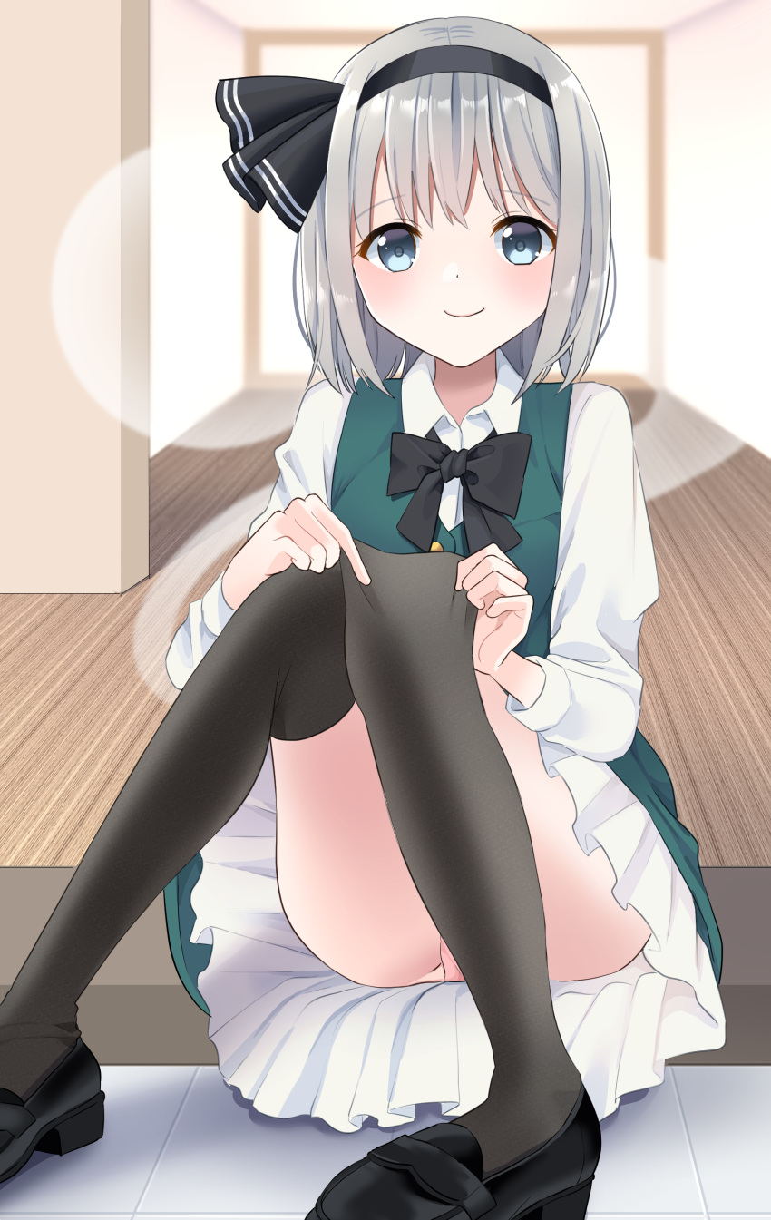 1girl absurdres black_bow black_bowtie black_footwear black_hairband black_legwear blue_eyes bow bowtie closed_mouth collared_shirt commentary eyebrows_visible_through_hair frilled_skirt frills full_body green_skirt green_vest hairband highres hitodama indoors konpaku_youmu looking_at_viewer panties pantyshot pink_panties shiny shiny_hair shirt silver_hair sitting skirt skirt_set smile solo stigma1101 thighhighs tile_floor tiles touhou underwear vest white_shirt wooden_floor
