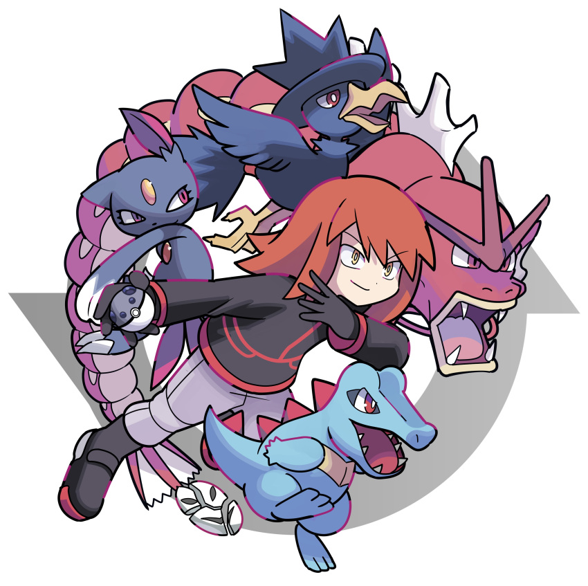 1boy absurdres alternate_color bangs black_footwear black_gloves black_jacket boots bright_pupils closed_mouth commentary_request gloves grey_pants gyarados highres jacket long_hair long_sleeves male_focus murkrow orange_hair pants pokemon pokemon_(creature) pokemon_adventures shiny_pokemon silver_(pokemon) smile sneasel sutokame totodile white_pupils yellow_eyes