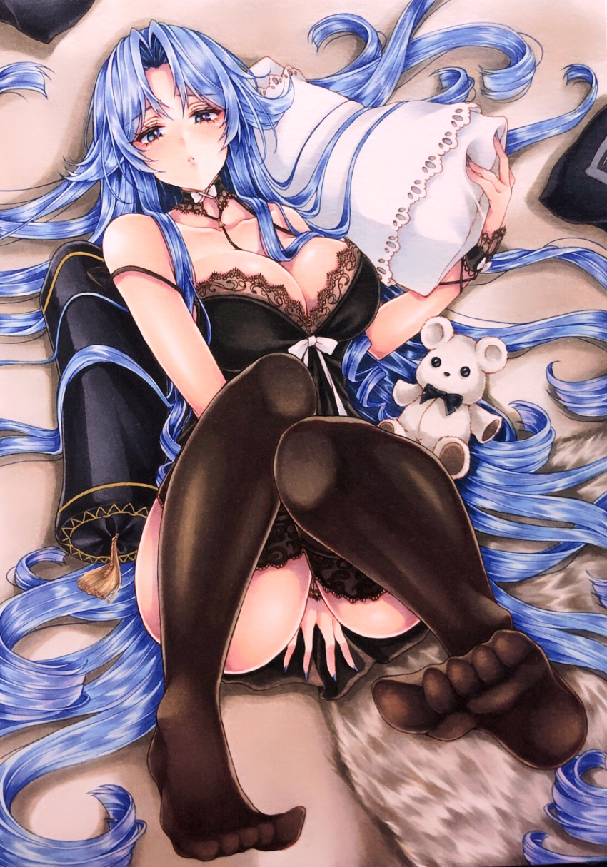 1girl absurdly_long_hair azur_lane black_babydoll black_camisole black_legwear black_nightgown blue_eyes blue_hair breasts camisole cleavage full_body highres lace-trimmed_camisole lace-trimmed_collar lace-trimmed_legwear lace_trim large_breasts long_hair lying marker_(medium) mktr_(princess_mktr) nightgown no_shoes official_alternate_costume on_back pillow sleepwear soles solo sovetskaya_belorussiya_(azur_lane) sovetskaya_belorussiya_(relaxation_stratagem)_(azur_lane) stuffed_animal stuffed_toy teddy_bear thighhighs traditional_media very_long_hair