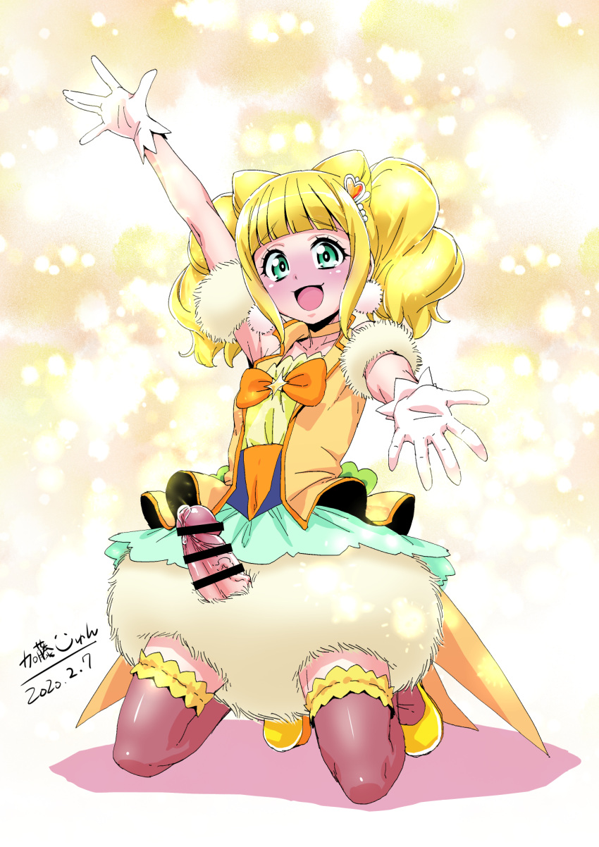 1girl bangs bar_censor blonde_hair blunt_bangs blush bow censored choker collarbone commentary_request cure_sparkle dated earrings erection eyebrows_visible_through_hair futanari gloves green_eyes hair_ornament healin'_good_precure heart heart_hair_ornament highres hiramitsu_hinata jewelry katou_jun kneeling long_hair looking_at_viewer magical_girl open_mouth outstretched_arms precum precure shadow sidelocks sleeveless smile solo tareme translation_request twintails white_background white_gloves yellow_background