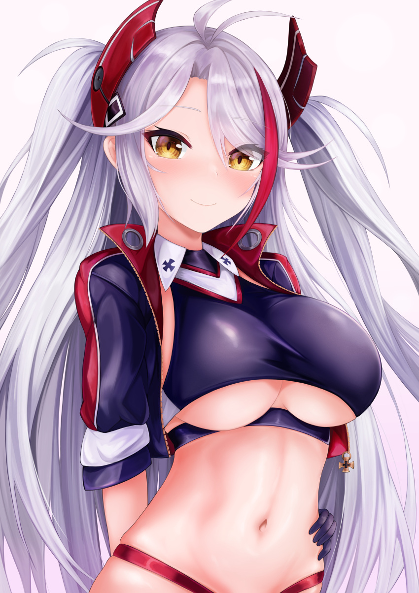 1girl absurdres antenna_hair arm_behind_back azur_lane black_gloves black_jacket black_shirt breasts collared_shirt crop_top cropped_jacket gloves hair_ornament hand_on_hip highres jacket large_breasts long_hair looking_at_viewer midriff navel open_clothes open_jacket prinz_eugen_(azur_lane) prinz_eugen_(final_lap)_(azur_lane) race_queen revealing_clothes ryara shirt sleeveless sleeveless_shirt smile solo stomach two_side_up underboob upper_body very_long_hair white_hair yellow_eyes