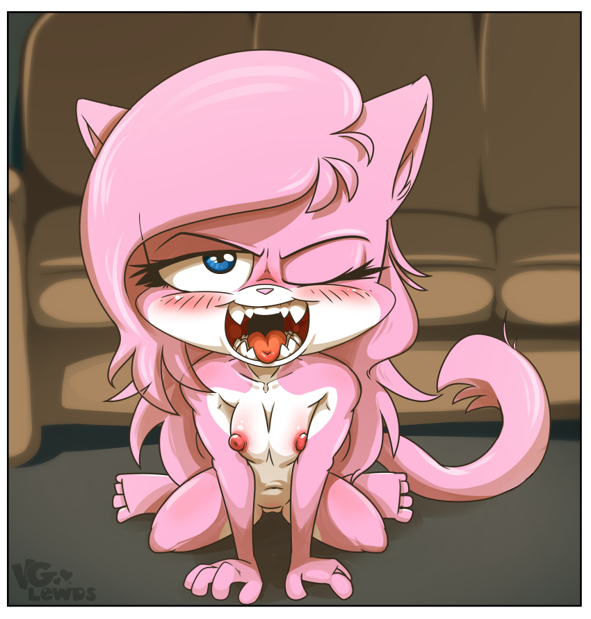 absurd_res aeris_(vg_cats) all_fours anthro blue_eyes border breasts domestic_cat fangs felid feline felis female furniture genitals hi_res mammal nipples nude open_mouth pussy scott_ramsoomair smile sofa solo teeth tongue tongue_out vg_cats vglewds webcomic webcomic_character white_border