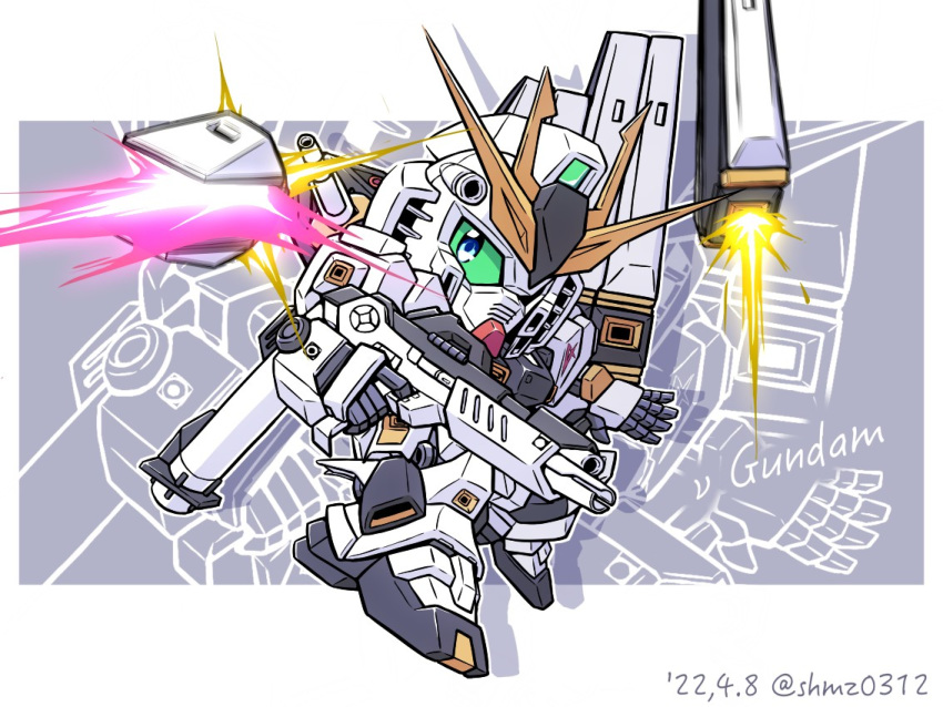 bazooka_(gundam) beam beam_rifle blue_eyes char's_counterattack character_name chibi colored_sclera commentary dated energy_gun english_text fin_funnels firing full_body funnels_(gundam) green_sclera gundam launching looking_at_viewer mecha mobile_suit no nu_gundam sd_gundam shield shokkaa_(shmz61312) thrusters twitter_username v-fin weapon