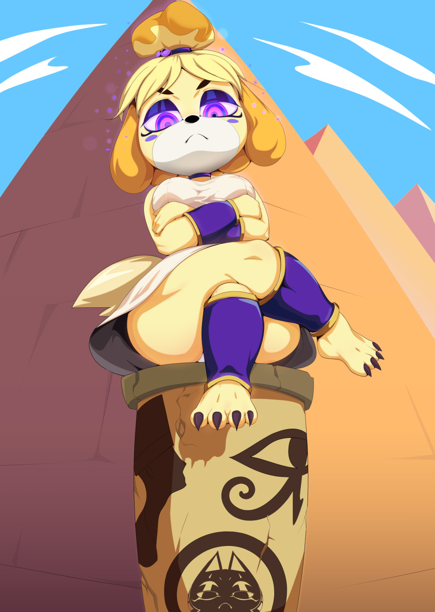 absurd_res animal_crossing anthro canid canine canis clothed clothing crossed_arms crossed_legs domestic_dog egyptian egyptian_clothing female frown genvoke glowing glowing_eyes hi_res hieroglyphics hypnosis isabelle_(animal_crossing) looking_at_viewer looking_down low-angle_view mammal mind_control nintendo purple_eyes pyramid solo video_games