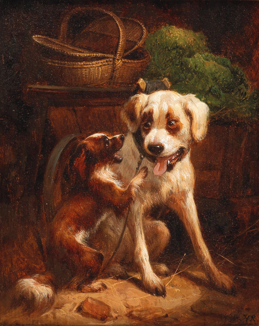 19th_century ambiguous_gender ancient_art basket belly brown_body brown_fur canid canine canis collar container detailed_background domestic_dog duo feral floppy_ears fur henriette_ronner-knip hi_res mammal oil_painting_(artwork) open_mouth painting_(artwork) public_domain quadruped sitting tongue tongue_out traditional_media_(artwork) white_belly