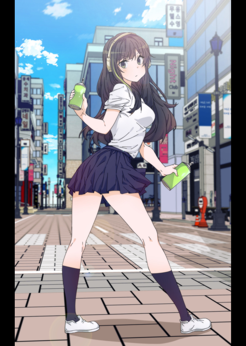 1girl black_eyes black_hair black_legwear blue_skirt breasts brick_road building city cloud commentary contemporary day dual_wielding eyebrows_visible_through_hair frown full_body girls'_frontline green_hair highres holding korean_commentary lamppost large_breasts long_hair long_sleeves looking_at_viewer looking_back m4a1_(girls'_frontline) multicolored_hair outdoors pleated_skirt shirt sidarim sign skirt sky sleeves_rolled_up solo spray_can standing streaked_hair traffic_cone white_footwear white_shirt