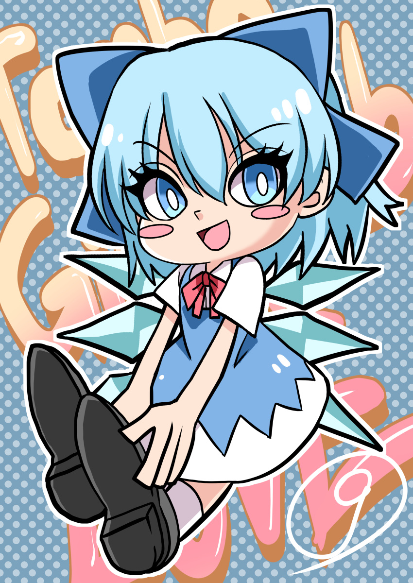 1girl :d absurdres black_footwear blue_background blue_bow blue_dress blue_eyes blue_hair bow bowtie breasts chibi circled_9 cirno dress eyebrows_visible_through_hair full_body hair_between_eyes hair_bow highres looking_at_viewer maboroshi_mochi medium_hair open_mouth pinafore_dress polka_dot polka_dot_background red_bow red_bowtie shirt shoe_soles shoes short_sleeves small_breasts smile socks solo touhou v-shaped_eyebrows white_legwear white_shirt wings