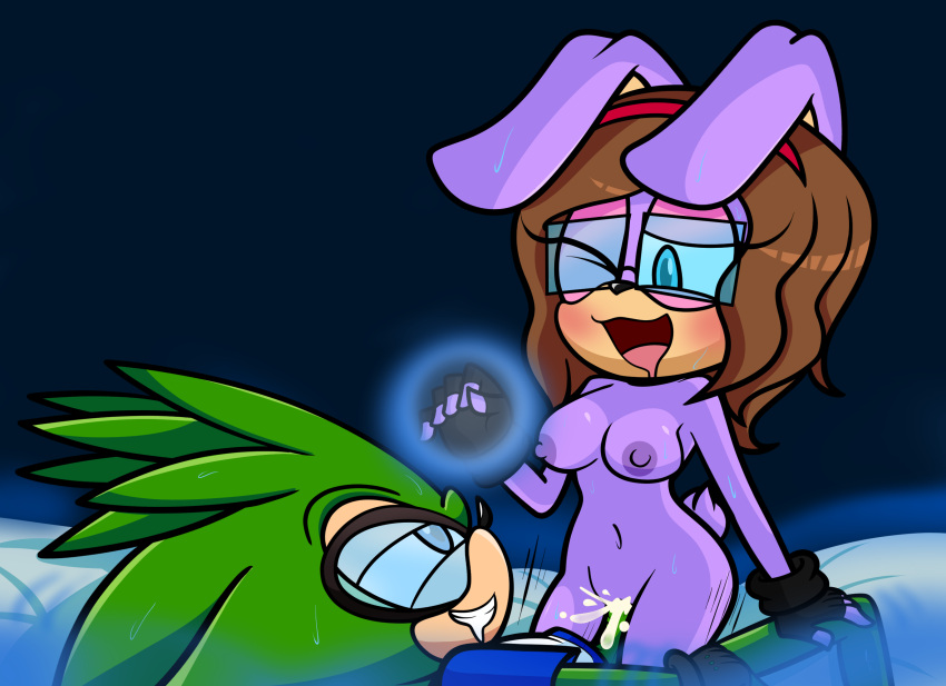 anthro bodily_fluids brown_hair clothed clothing cum cum_in_pussy cum_inside duckydeathly duo eulipotyphlan eyewear eyewear_only female genital_fluids glasses glasses_only hair hedgehog hi_res jenny_the_rabbit lagomorph leporid male male/female mammal nude partially_clothed purple_body rabbit slash_the_hedgehog telekinesis