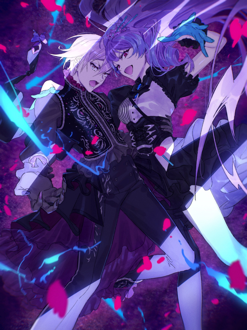 1boy 1girl black_corset black_jacket black_pants black_skirt blue_gloves blue_hair breasts brown_eyes brown_hair corset crossover english_commentary gloves grey_hair hair_behind_ear highres idolish_7 jacket kujou_tenn long_hair looking_at_viewer macross macross_delta medium_breasts mikumo_guynemer mixed-language_commentary mosako multicolored_hair open_hand pants purple_hair red_eyes skirt smile streaked_hair v-shaped_eyebrows very_long_hair