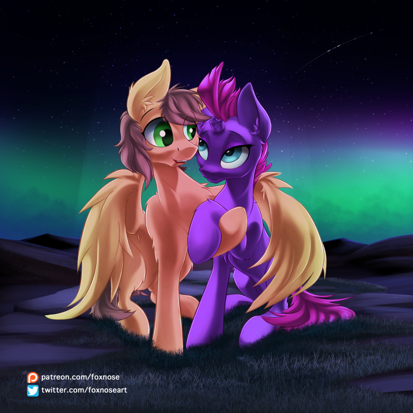 broken_horn canon_x_oc duo equid equine fan_character female foxnose friendship_is_magic hi_res horn jacky_breeze male mammal my_little_pony my_little_pony:_the_movie_(2017) night patreon patreon_link patreon_logo pegasus romantic tempest_shadow_(mlp) text twitter twitter_logo unicorn url wings