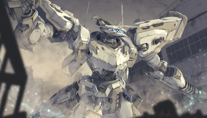 absurdres armored_core armored_core:_for_answer artist_name atsajh blue_eyes dust extra_eyes highres horns looking_ahead mecha no_humans science_fiction single_horn solo white_glint