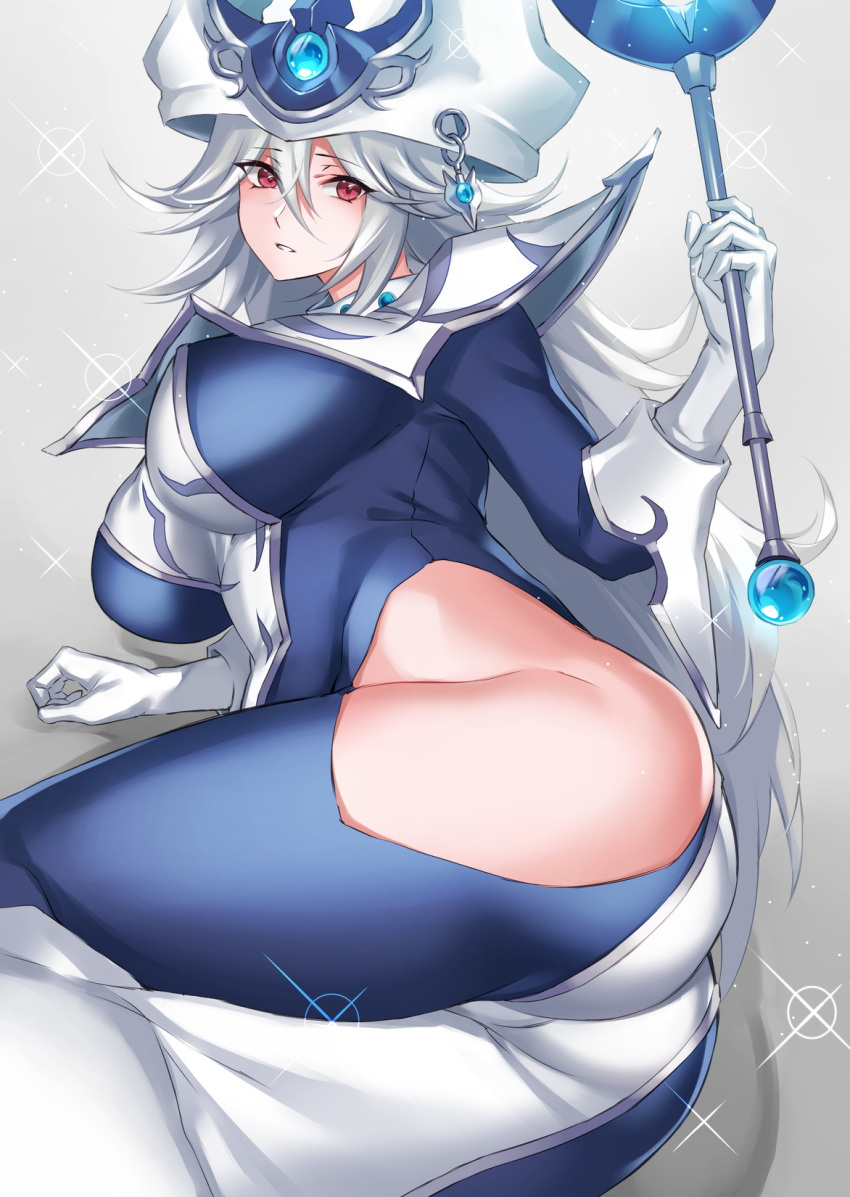 1girl ass blush breasts curvy dress gloves hat highres hikari_(komitiookami) hip_vent huge_breasts long_hair long_sleeves looking_at_viewer plump red_eyes silent_magician solo wand white_hair witch_hat yu-gi-oh!