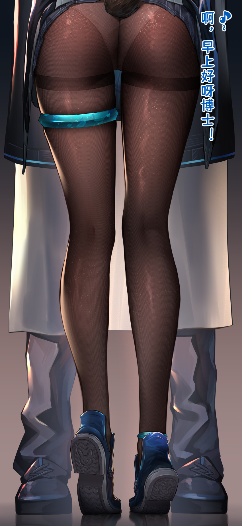 1girl 1other absurdres amiya_(arknights) anklet arknights ass black_coat black_pants black_skirt blue_footwear brown_legwear clothes_lift coat doctor_(arknights) from_behind gradient gradient_background grey_background highres jewelry legs lower_body miniskirt panties panties_under_pantyhose pants pantyhose plaid plaid_skirt pleated_skirt rabbit_tail shoe_soles shoes skindentation skirt skirt_lift solo_focus standing tail tail_through_clothes ten_no_hoshi thighband_pantyhose thighlet tiptoes translation_request underwear upskirt white_panties