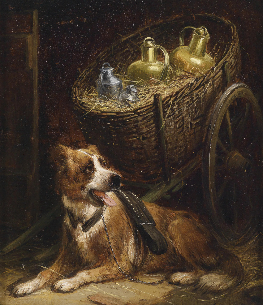 20th_century absurd_res ambiguous_gender ancient_art basket black_nose breath brown_body brown_fur canid canine canis cart container detailed_background domestic_dog feral fur henriette_ronner-knip hi_res mammal oil_painting_(artwork) open_mouth painting_(artwork) panting public_domain quadruped solo tongue tongue_out traditional_media_(artwork) white_body white_fur