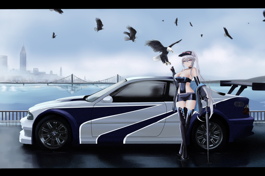 1girl absurdres azur_lane bald_eagle bird bmw bmw_m3 bridge car cityscape eagle enterprise_(azur_lane) enterprise_(wind_catcher)_(azur_lane) full_body grim_(azur_lane) ground_vehicle hat highres kcar66t motor_vehicle need_for_speed need_for_speed:_most_wanted_(2005) official_alternate_costume product_placement race_queen thighhighs umbrella