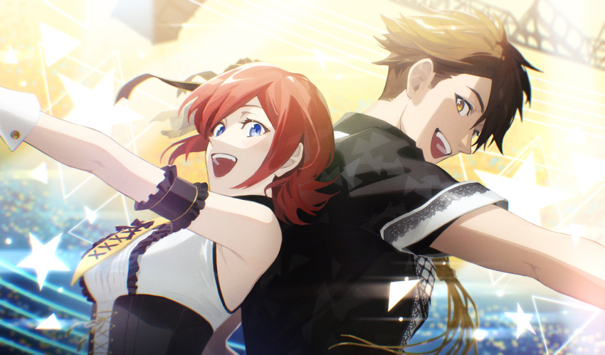 1boy 1girl absurdres back-to-back black_corset black_shirt breasts brown_eyes brown_hair corset english_commentary hair_behind_ear highres idol idolish_7 kaname_buccaneer macross macross_delta medium_breasts mixed-language_commentary mosako open_hand red_hair shirt short_hair smile tsunashi_ryuunosuke