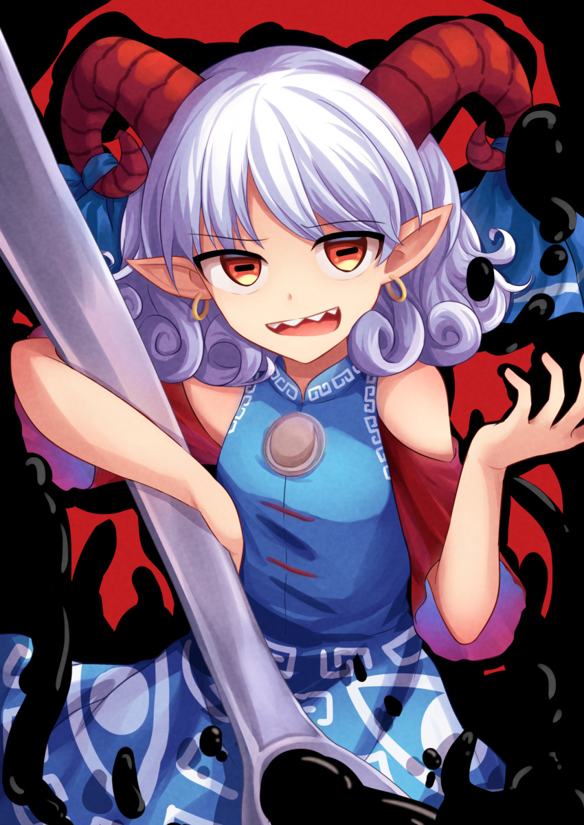 1girl blood blue_dress commentary curly_hair detached_sleeves dress earrings eye_print highres holding_spork horizontal_pupils horn_ornament horn_ribbon horns jewelry meandros oversized_object patterned_clothing pointy_ears rectangular_pupils red_eyes red_horns red_sleeves ribbon sharp_teeth sheep_horns spork teeth touhou toutetsu_yuuma utensil white_hair yu_cha