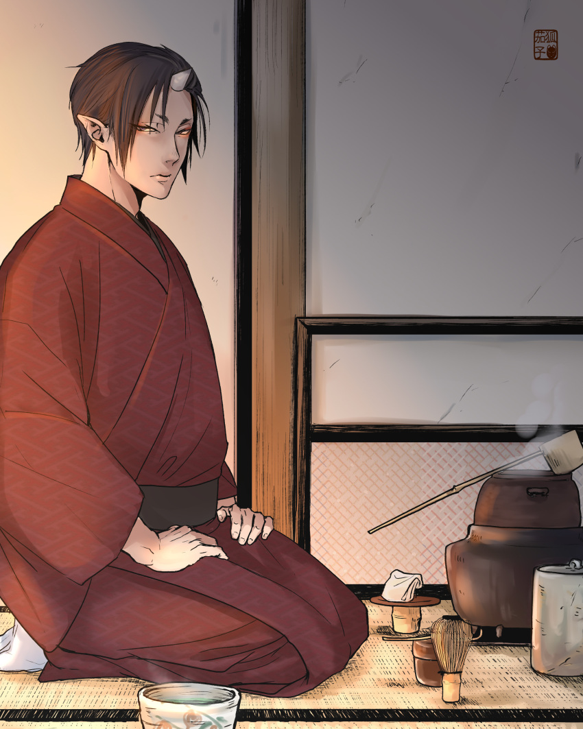 1boy absurdres black_hair brush candlelight cup eyeshadow highres hoozuki_(hoozuki_no_reitetsu) hoozuki_no_reitetsu horns indoors japanese_clothes looking_at_viewer makeup male_focus mypallet oni_horns short_hair sitting teacup