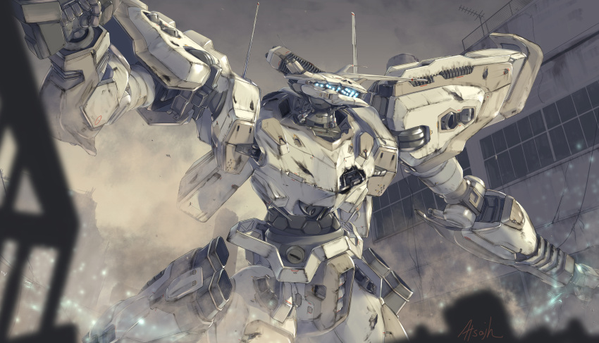 absurdres armored_core armored_core:_for_answer artist_name atsajh blue_eyes damaged dust extra_eyes highres horns looking_ahead mecha no_humans science_fiction single_horn solo white_glint